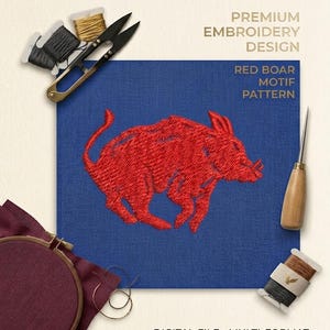 Red Wild Boar Embroidery Design: Animal Patch Logo (Digital Download)