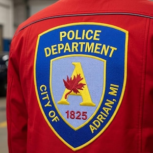 May include: Red jacket with a Police Department patch. The patch is blue with yellow trim and features the text "POLICE DEPARTMENT" and "CITY OF ADRIAN, MI 1825". A yellow "A" with a red maple leaf is in the center.