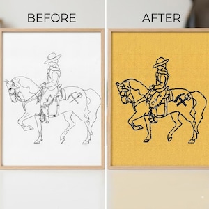 May include: Framed artwork featuring a rider on horseback, with the text "BEFORE" and "AFTER" above the images. The "BEFORE" image is a black and white line drawing, while the "AFTER" image is a black line drawing on a yellow background.