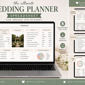 May include: A laptop displays a wedding planner spreadsheet with the text "the ultimate WEDDING PLANNER SPREADSHEET". The screen shows a dashboard with planning details. Additional screens show a budget tracker, checklist, and guest list. The image includes flowers, a candle, and a ring box.