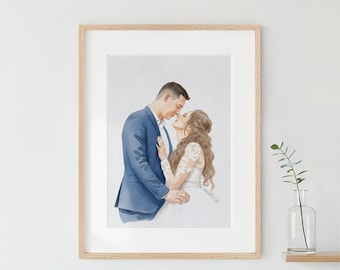 Retrato personalizado de pareja en acuarela: Regalo de boda personalizado para ella, pintura a partir de una foto