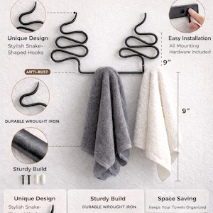 May include: Decorative double towel hooks with a unique snake design. The black wrought iron hooks are 23 cm in height and feature easy installation. The hooks are anti-rust and space-saving, keeping towels organised.