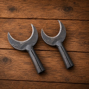 May include: Two identical hand tools made of dark, forged metal, each featuring a crescent-shaped, sharpened blade attached to a cylindrical, hollow handle. The tools have a weathered, industrial appearance with visible metal texture and dark gray tones.