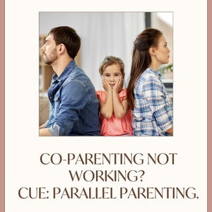 Puede incluir: Imagen con texto: "RAY of SUNSHINE parenting. CO-PARENTING NOT WORKING? CUE: PARALLEL PARENTING. FOR PARENTS STUCK IN CONFLICT, NOT COLLABORATION." La imagen muestra a una familia con los padres dándose la espalda y un niño en el medio.