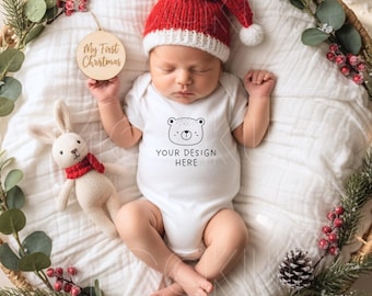White Baby Bodysuit Mockup | Christmas Baby bodysuit Mockup | Holiday Baby Mockup PNG | Christmas Baby Flat Lay Mockup | Baby Mockup