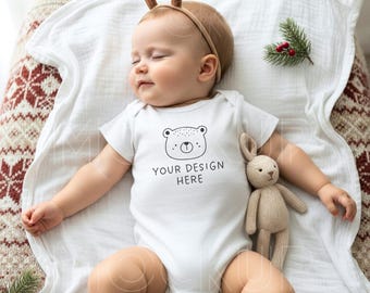 White Baby Bodysuit Mockup, Christmas Baby Bodysuit Mockup, Baby Mockup, Holiday Baby Mockup, Christmas Baby Flat Lay Mockup, POD Mockup