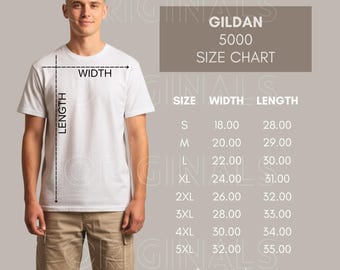 Gildan 5000 Size Chart, Gildan 5000 - Size Chart, Gildan 5000 Mockup - Sizing Chart, Unisex Sizing, Gildan Size Chart, T Shirt Size Chart