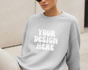 Gildan 18000 Grey Sweatshirt Mockup: Digital Download