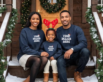 Navy Gildan 18000 Family of Three Mockup, African American Holiday Christmas Sweatshirt Mockup Mom Dad Girl Matching, G180 Family Crewneck