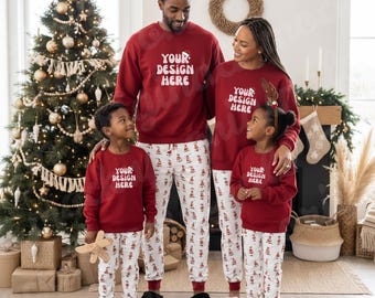 Red Gildan 18000 Family of Four Mockup, G18000 Parents Kids Christmas Mock-up, Christmas Matching Mockup, African American Mockup, POD Mock
