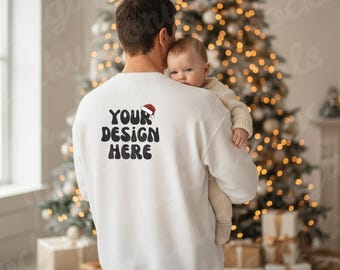 Christmas White Gildan 18000 Family Model Mockup Father Son Mock Family Sweatshirt Winter Mockup Christmas Mockups Family Son Dad POD