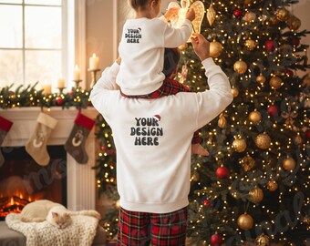 White Gildan 18000 Christmas Sweatshirt Mockup, Christmas Morning Mockup, Xmas Family Mockup, 18000b, Girl Dad Mockup, Matching Sweatshirts