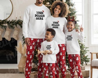 White Gildan 18000 Family of Four Mockup, G18000 Parents Kids Christmas Mock-up, Christmas Matching Mockup, African American Mockup, 18000b