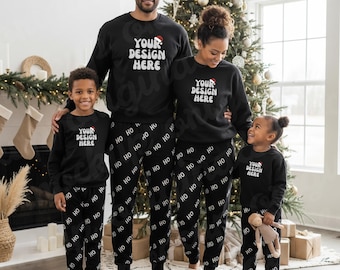 Gildan 18000 Family of Four Mockup, G18000 Parents Kids Christmas Mock-up, Crewneck Sweatshirt Xmas Matching Mockup, African American Mockup