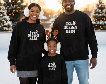 Black Gildan 18000 Family of Three Mockup, Family Holiday Christmas Sweatshirt Mockup Mom Dad Girl Matching, G18000 Parents Kid Crewneck