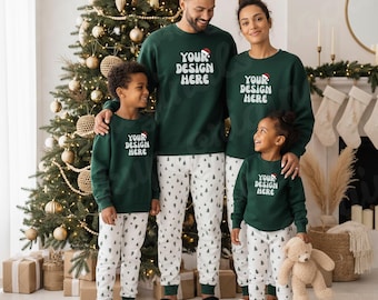Gildan 18000 Christmas Mockup, Forest Green G18000 Parents Kids Crewneck, Family of Four Mockup, Christmas Matching Sweatshirt Mockup, POD