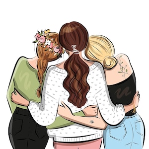 May include: Illustration of three people embracing, viewed from the back. One person has long brown hair, another has blonde hair, and the third has red hair with a floral crown. They are wearing a green shirt, a white sweater, and a black top and blue jeans.