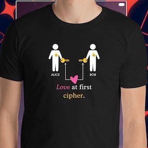 Puede incluir: Camiseta negra con un diseño gráfico que presenta figuras de palo llamadas "Alice" y "Bob" sosteniendo llaves, conectadas por un corazón rosa. El texto "Love at first cipher" está debajo.