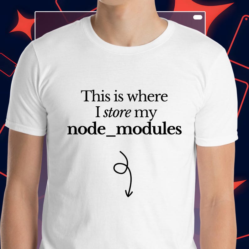 以下が含まれることがあります： 「This is where I store my node_modules」の黒い文字と下向きの矢印がプリントされた白いTシャツ。柔らかい素材で作られています。