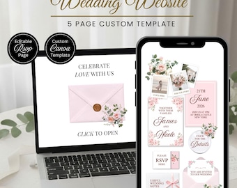 Pink Floral Wedding Website Template and RSVP - Custom Editable Canva Design - Digital Download