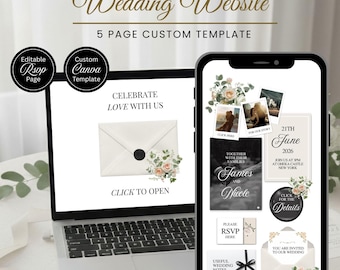 Cream and Black Floral Wedding Website Template and RSVP - Custom Editable Canva Design - Digital Download
