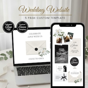 Pode incluir: Um laptop e um smartphone exibem um modelo de site de casamento. A tela do laptop mostra um design de convite com o texto "Celebre o amor conosco". O smartphone exibe detalhes do casamento, fotos e informações de RSVP. O design é elegante com detalhes florais.