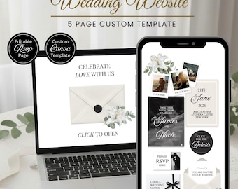 May include: A laptop and smartphone display a wedding website template. The laptop screen shows an invitation design with the text "Celebrate Love With Us." The smartphone displays wedding details, photos, and RSVP information. The design is elegant with floral accents.