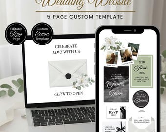 Sage and Black Lelies Wedding Website Template and RSVP - Custom Editable Canva Design - Digital Download