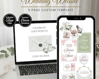 Pink and Sage Lelies Wedding Website Template and RSVP - Custom Editable Canva Design - Digital Download