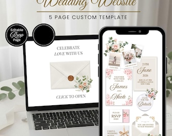 Modello di sito web per matrimonio con fiori rosa e crema e RSVP - Design Canva modificabile personalizzato - Download digitale