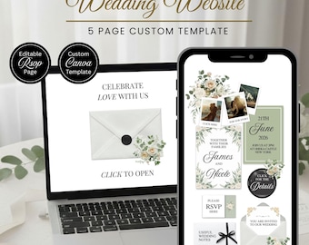 Sage and Black Floral Wedding Website Template and RSVP - Custom Editable Canva Design - Digital Download