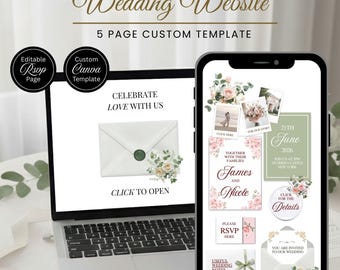 Plantilla para sitio web de boda con rosas rosas y salvia y confirmación de asistencia - Diseño Canva personalizable y editable - Descarga digital