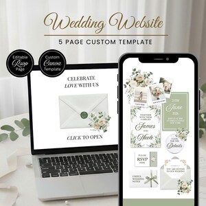 Pode incluir: Um laptop e um smartphone exibem um modelo de site de casamento. O laptop mostra um design de envelope com detalhes florais e o texto "Celebrate Love With Us". O smartphone mostra vários detalhes do casamento, incluindo fotos e informações RSVP.