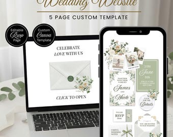 May include: A laptop and smartphone display a wedding website template. The laptop shows an envelope design with floral accents and the text "Celebrate Love With Us." The smartphone showcases various wedding details, including photos and RSVP information.