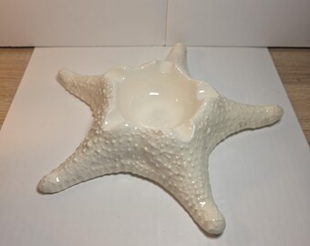 Ceramic Starfish Candle Holder - Coastal White Trinket Dish - Nautical Beach House Decor Votive Holder
