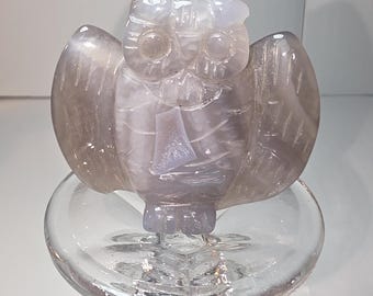 Búho de amatista lavanda tallado en cristal / Figura de piedra tallada a mano / Cristal morado