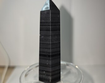 Torre de cristal de turmalina negra / Obelisco pulido con bandas / Piedra de protección y conexión a tierra