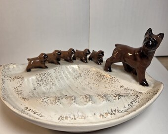 Vintage keramische bokser uit het midden van de eeuw en puppy's asbak Trinket-schotel Japan MCM