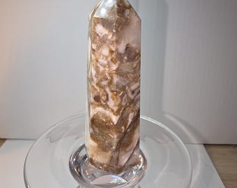 Torre de cristal de ágata con bandas color caramelo / Obelisco pulido marrón y crema / Piedra decorativa llamativa