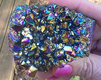 Racimo de cuarzo aura arcoíris de titanio / Muestra de cristal en bruto / Metálico iridiscente