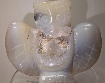 Geoda de ágata con forma de búho tallada en cristal / Cavidad de drusa natural / Ejemplar único