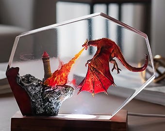 Lampada a forma di drago in resina realizzata a mano, luce notturna a forma di castello fantasy