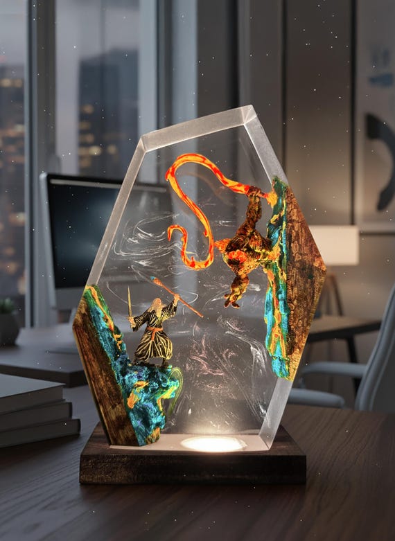 Handmade Resin Art Lamp: Grey Wizard vs Fire Demon Night Light