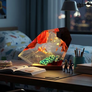 May include: A decorative lamp with a unique design, featuring a clear, angled resin structure filled with colorful elements. The lamp sits on a wooden base, with a desk lamp and cityscape visible in the background.