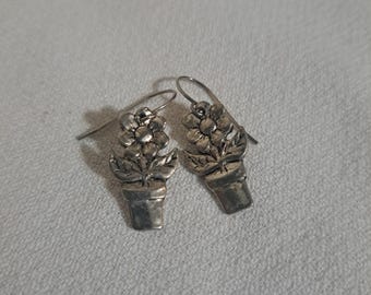 Vintage Silver Flower Pot Earrings Dangling Silver Tone