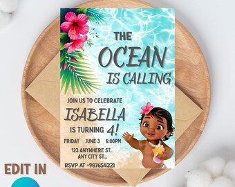 Modello modificabile per invito di compleanno di Baby Moana: invito per festa per bambini (download digitale, PDF 5x7)
