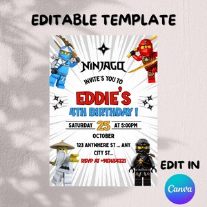 Puede incluir: Una plantilla de invitación de cumpleaños con temática de Ninjago. El diseño presenta personajes de Lego Ninjago en azul, rojo, negro y amarillo. La invitación dice "4º Cumpleaños de Eddie" con la fecha, hora e información de RSVP. También están presentes las palabras "Plantilla editable" y "Editar en Canva".