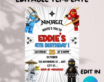 Bearbeitbare Ninja-Geburtstagseinladungsvorlage: Kids Party Invite (Digitaler Download, 5x7 PDF)