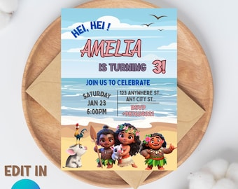 Bearbeitbare Baby Moana Geburtstagseinladung Vorlage: Kids Party Invite (Digital Download, 5x7 PDF)