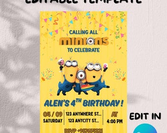 Editable Minion Birthday Invitation Template: Kids Party Invite (Digital Download, 5x7 PDF)